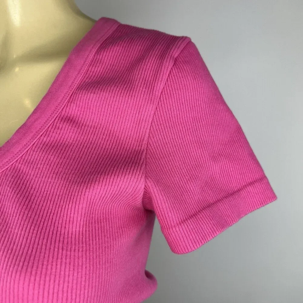 Alo Yoga Seamless Ribbed Serene Short Sleeve Top Size L Pink Cropped Active